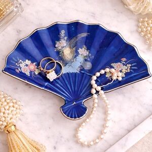 Vintage Kutani Japan Cobalt Blue Floral Pheasant Porcelain Fan Trinket Dish